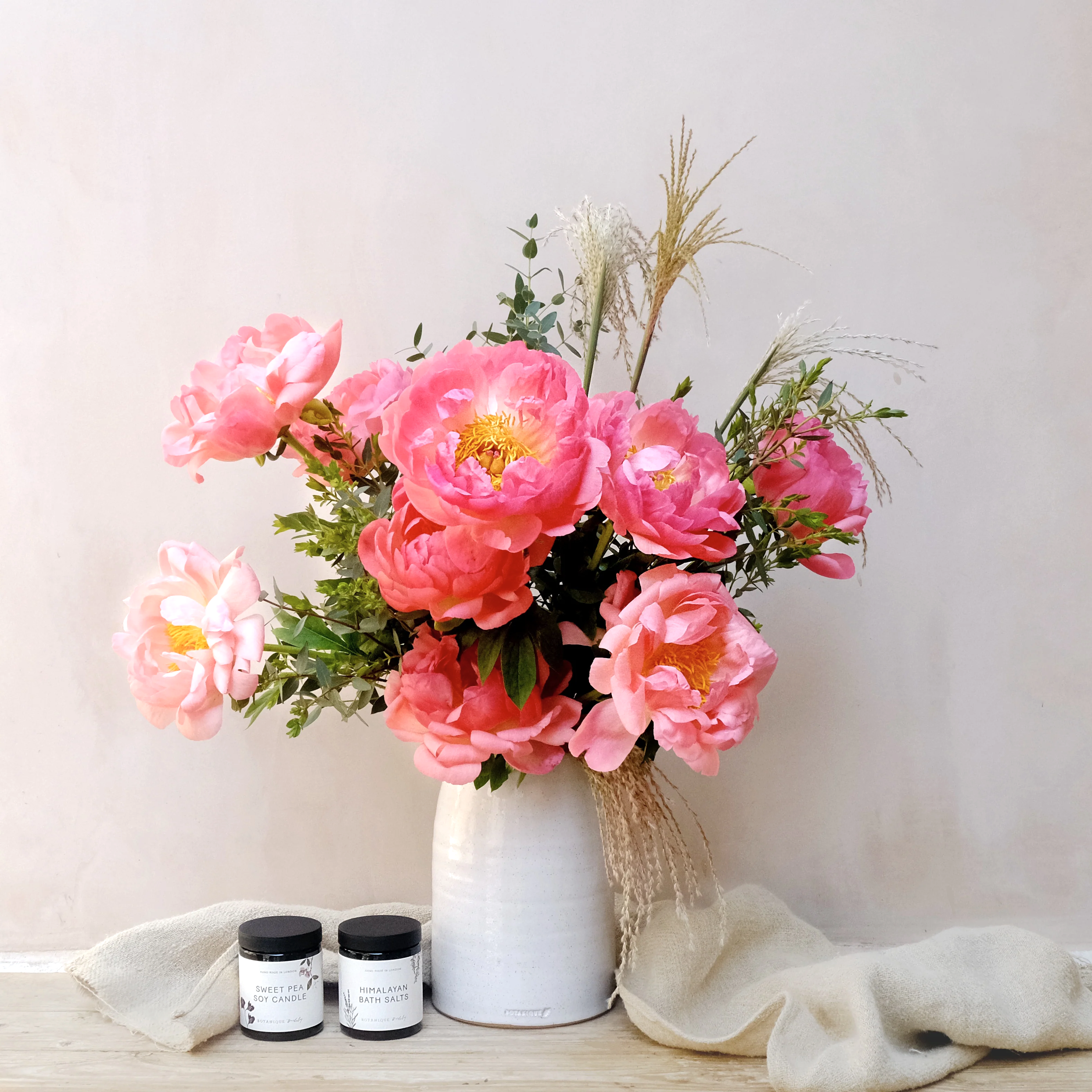 pink peony fresh flowers bouquet gift set with candle and himalayan bath salts