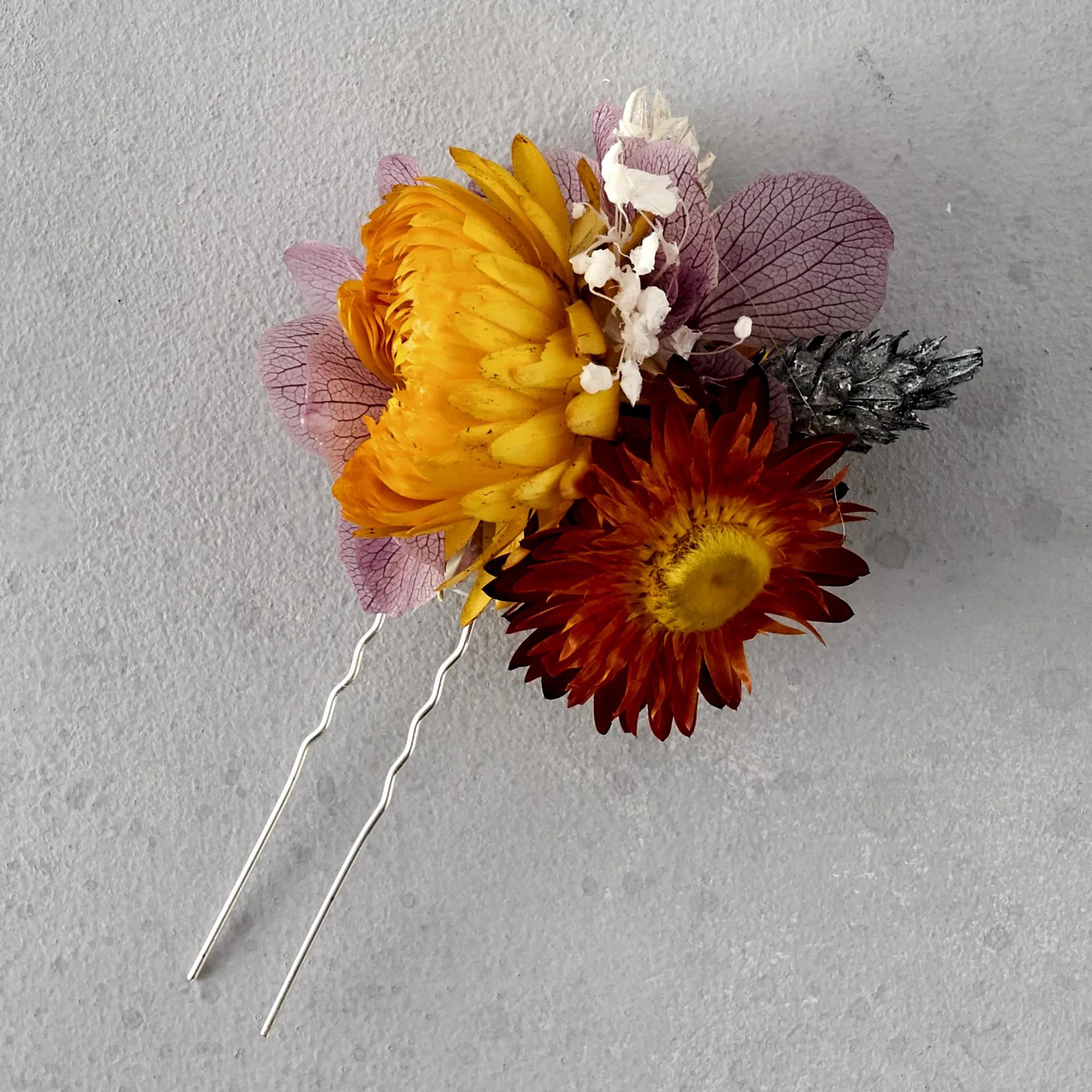 Dried flower hair pin : dusty lilac and sunshine yellow