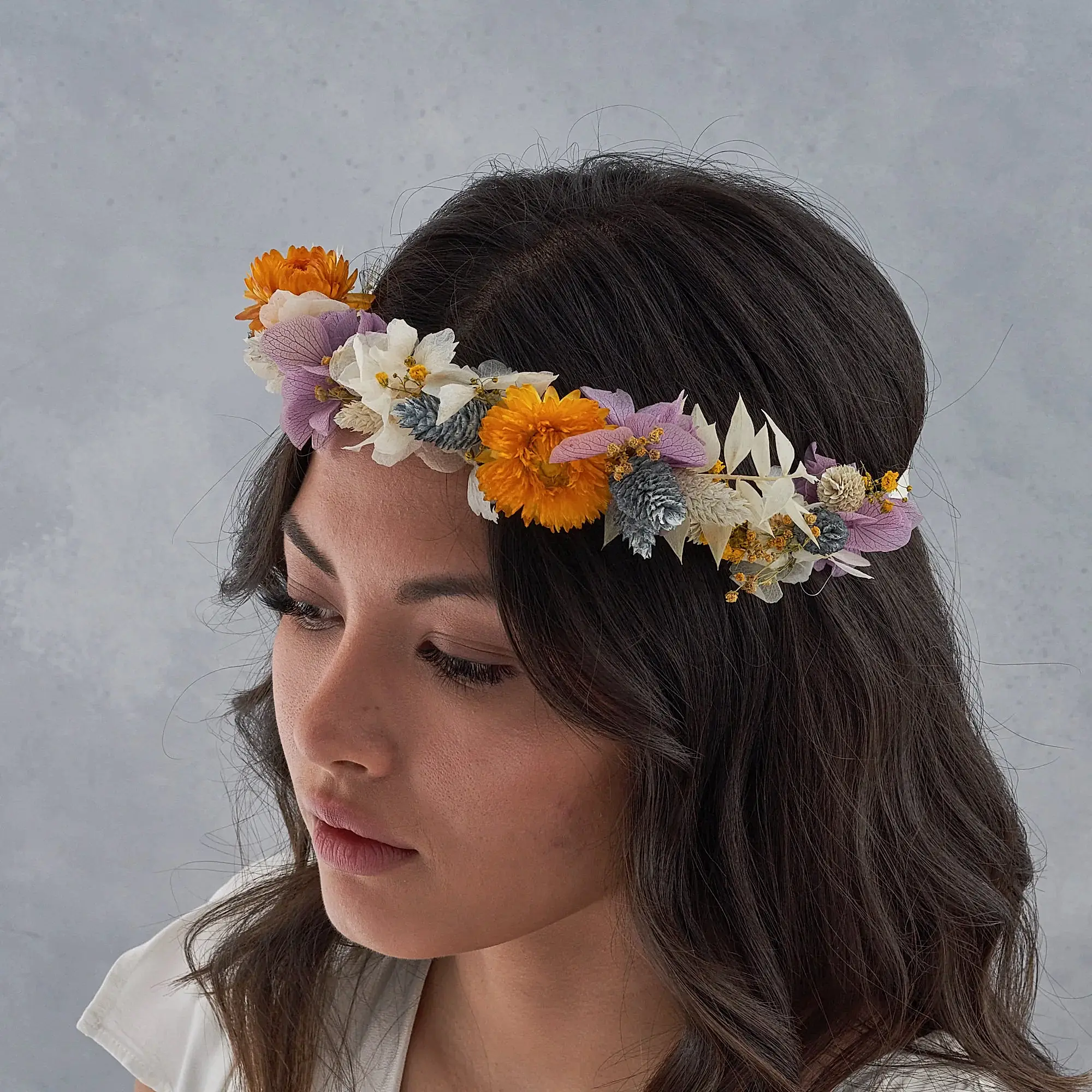 Dried flower crown : dusty lilac and sunshine yellow